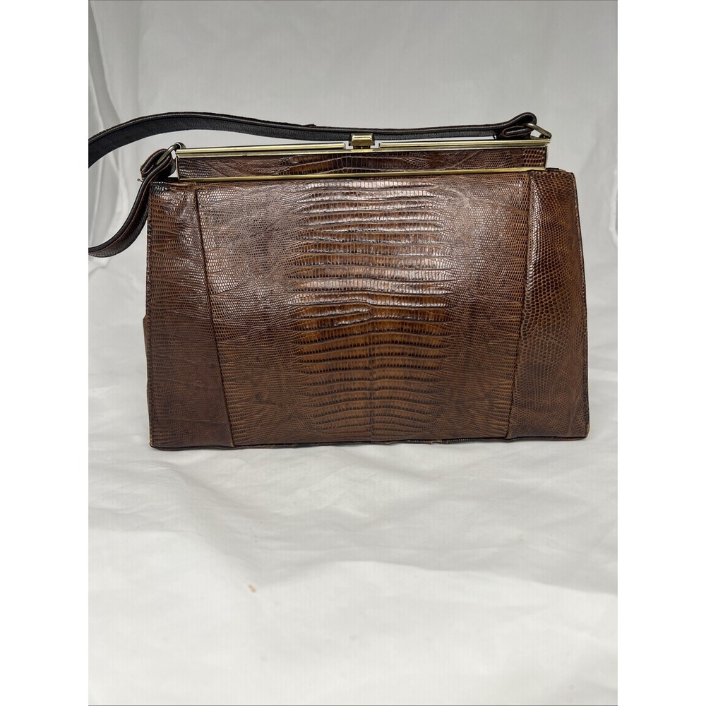 Vintage Brown Lizard Skin Frame Handbag Purse Gold Tone Hardware MCM Retro 10x7
